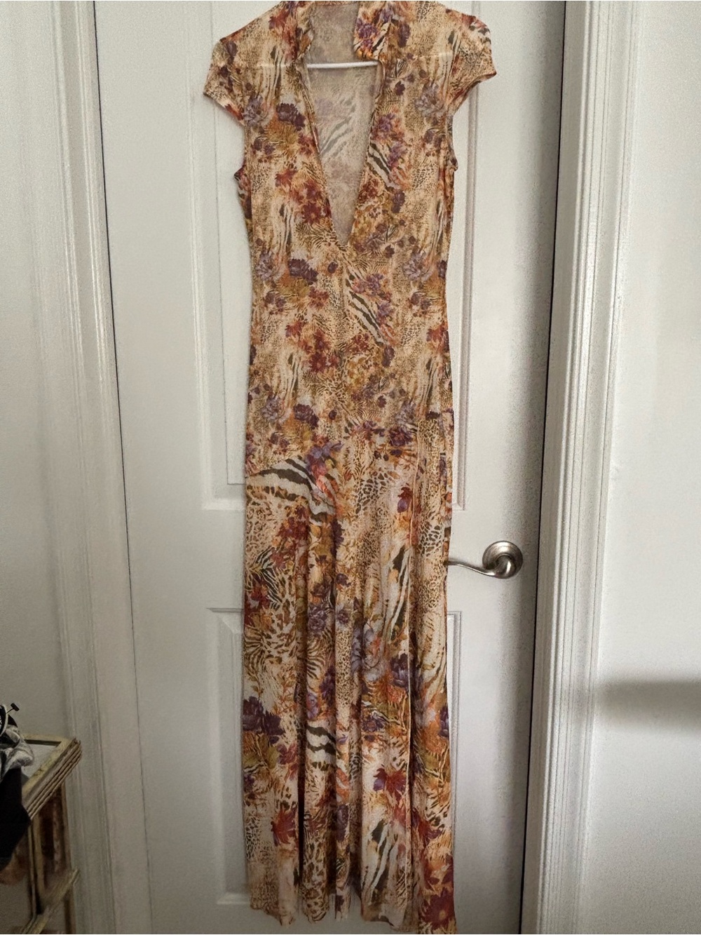 Floral Animal-Print V-Neck Maxi Dress in Beige